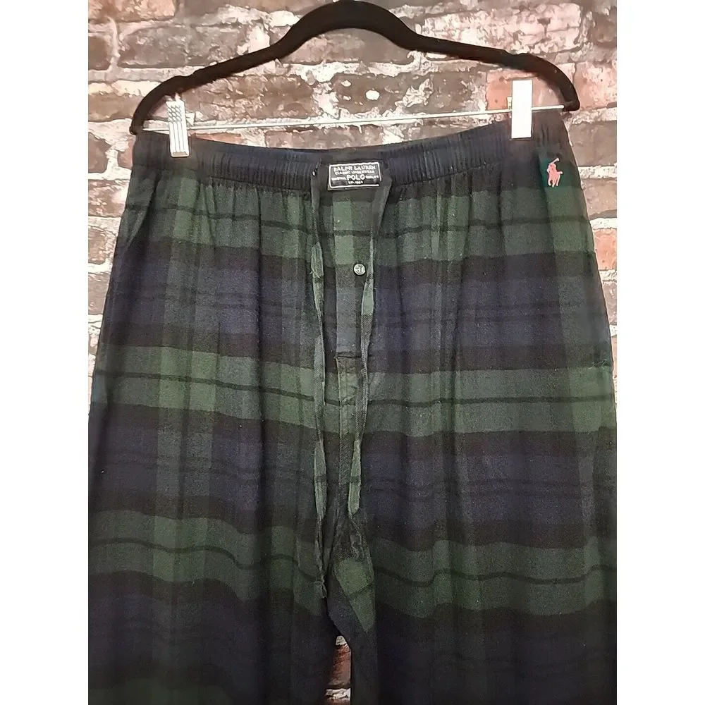 Polo Ralph Lauren Flannel Pajama Lounge Pants  Drawstring  XL Green Blue Pony‎